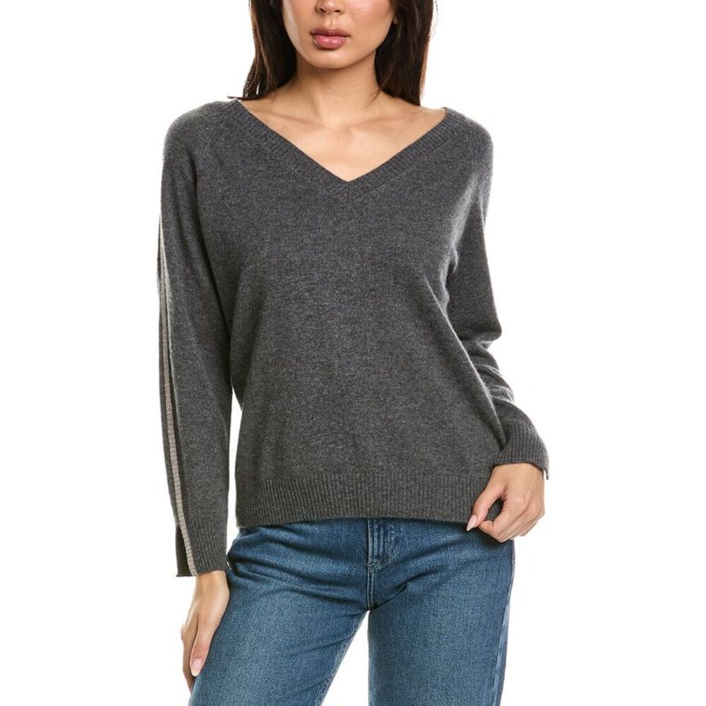 Brodie Cashmere Womens Glitz Split Cuff Relaxed V-Neck 100% Cashmere Sweater,